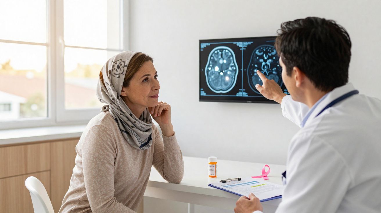 Médecin expliquant les résultats d'un scanner cérébral à une patiente voilée dans un cabinet médical lumineux.