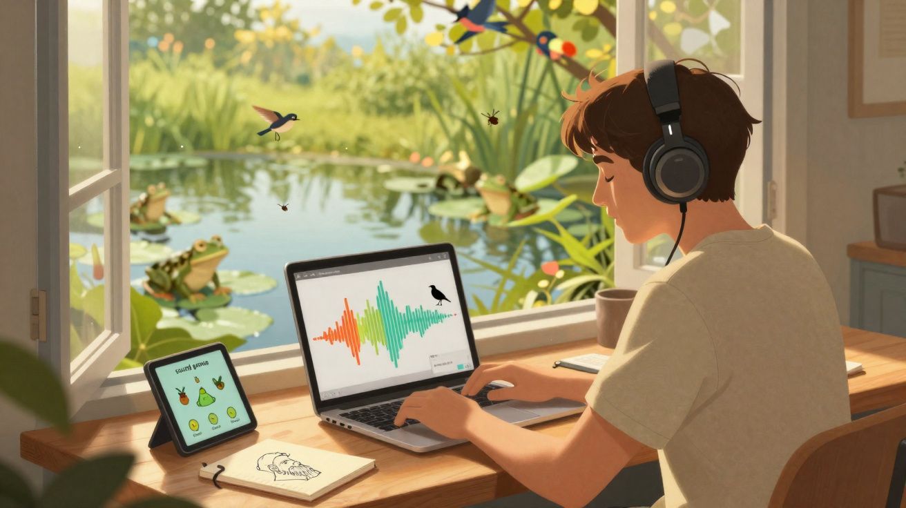 Jeune homme avec casque travaillant sur un ordinateur portable près d'une fenêtre ouverte donnant sur un étang animé.