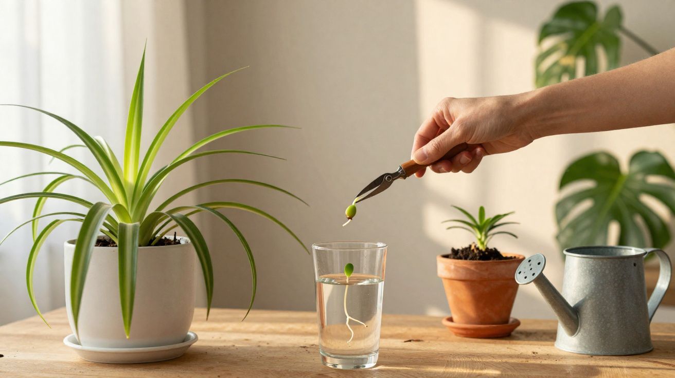 Main tenant une pince, retirant une pousse verte d'un verre d'eau sur une table avec des plantes en pot.