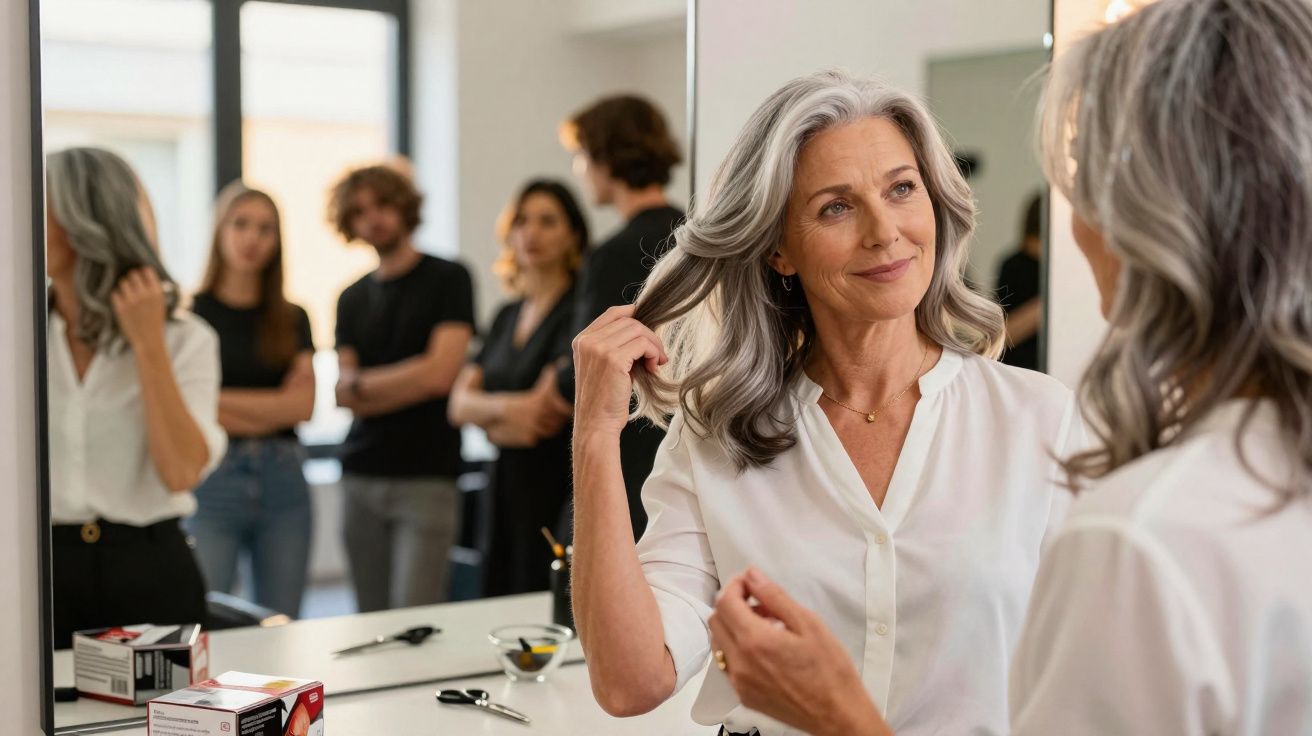 Femme mûre souriante admirant ses cheveux gris dans un miroir, avec des personnes en arrière-plan floues.