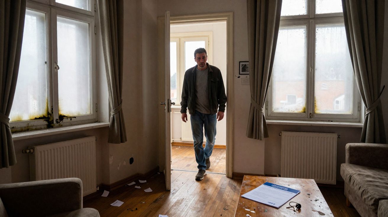Homme entrant dans une pièce sombre et vide avec fenêtres embuées et papier éparpillé au sol.