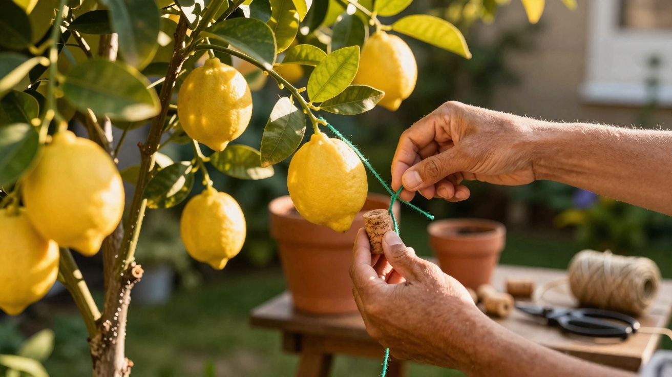 Main attachant un citron jaune mûr à une branche d’arbre avec une ficelle verte dans un jardin.