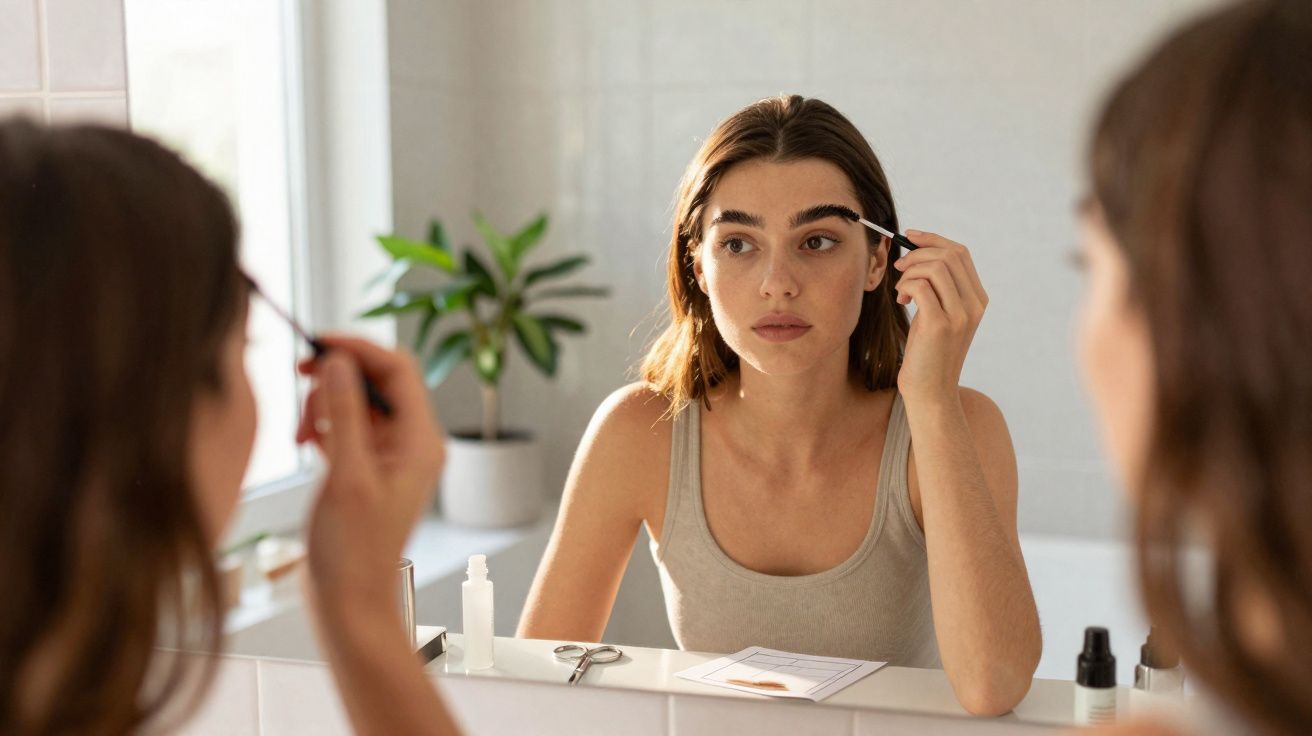 Jeune femme appliquant du gel à sourcils devant un miroir dans une salle de bains lumineuse.