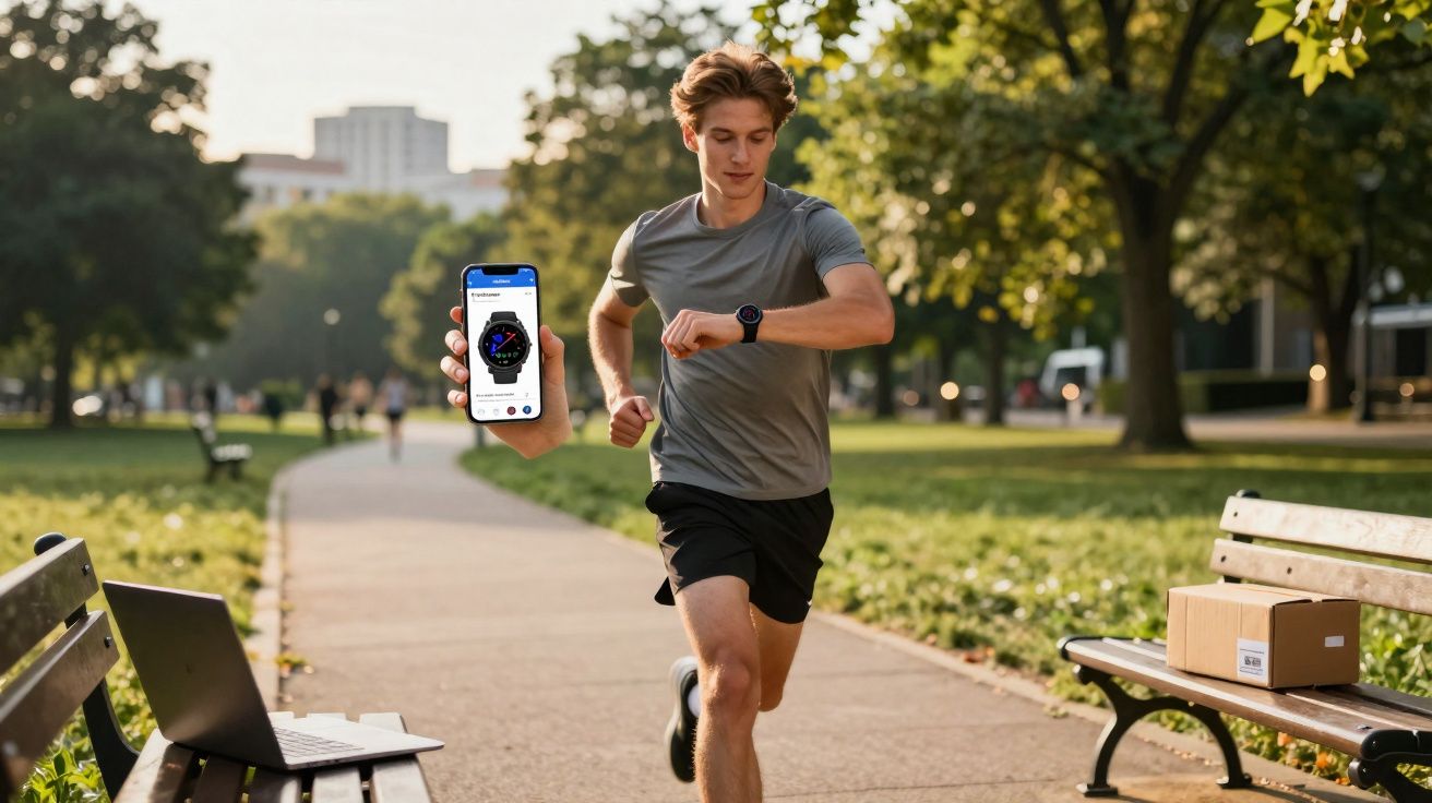 Un homme en tenue de sport court dans un parc en regardant sa montre connectée et un smartphone affichant son activité.