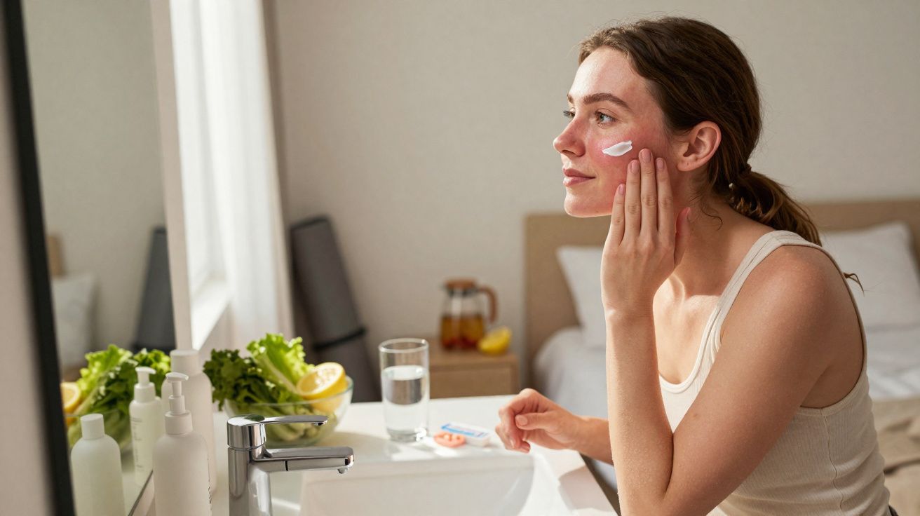 Femme appliquant une crème hydratante sur son visage dans une salle de bain lumineuse avec miroir et plantes.