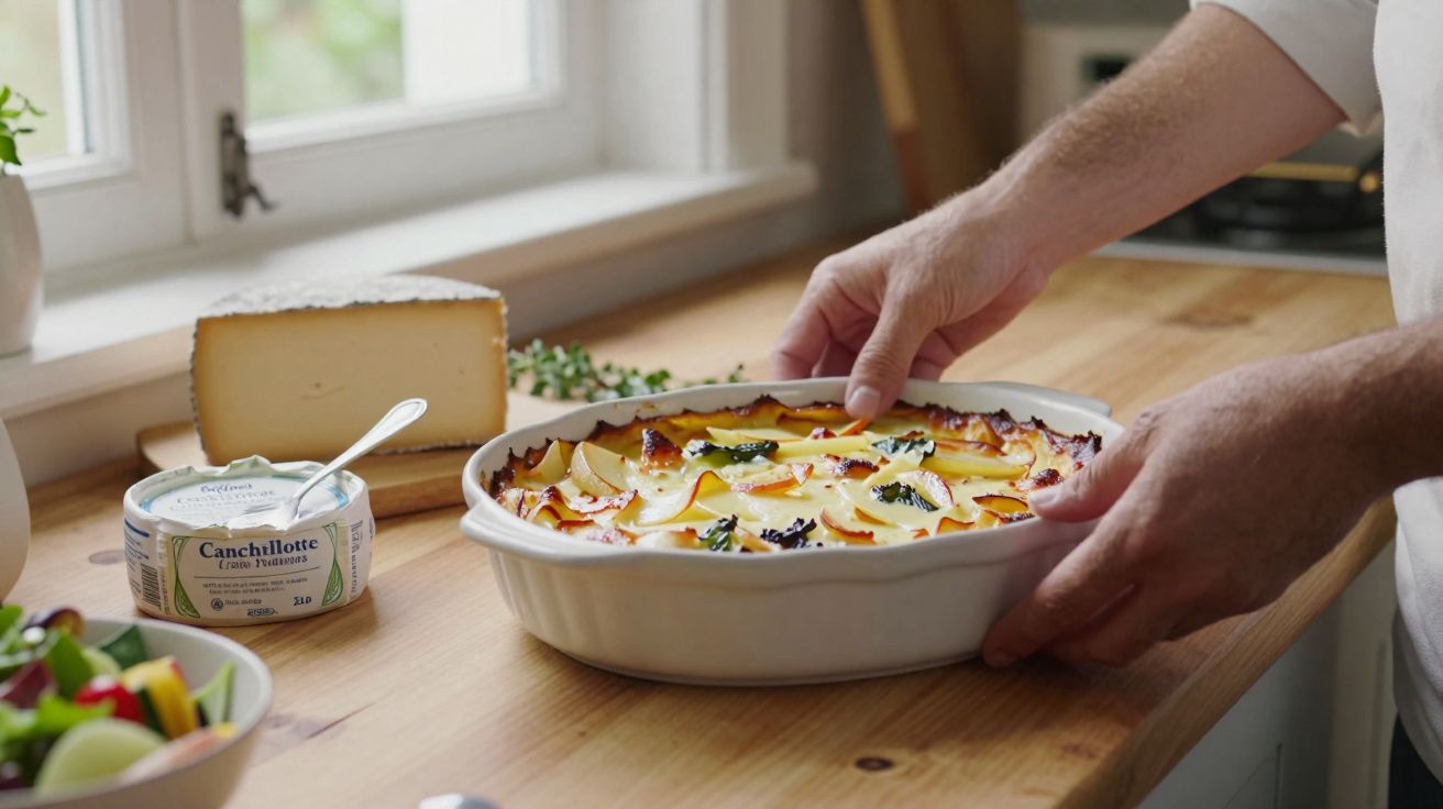 Plat gratiné avec fromage et pommes de terre posé sur un plan de travail en bois près d'une fenêtre.