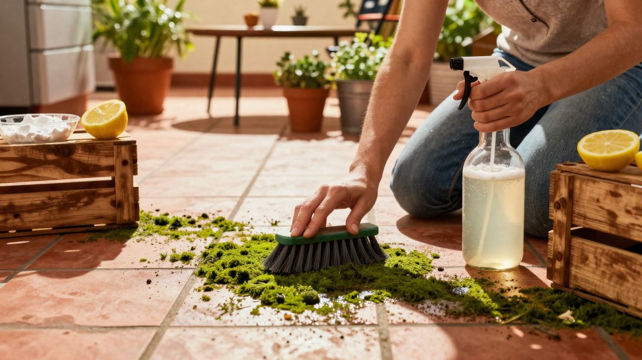 Personne nettoyant un sol carrelé avec une brosse, un spray, du citron et du bicarbonate visible.