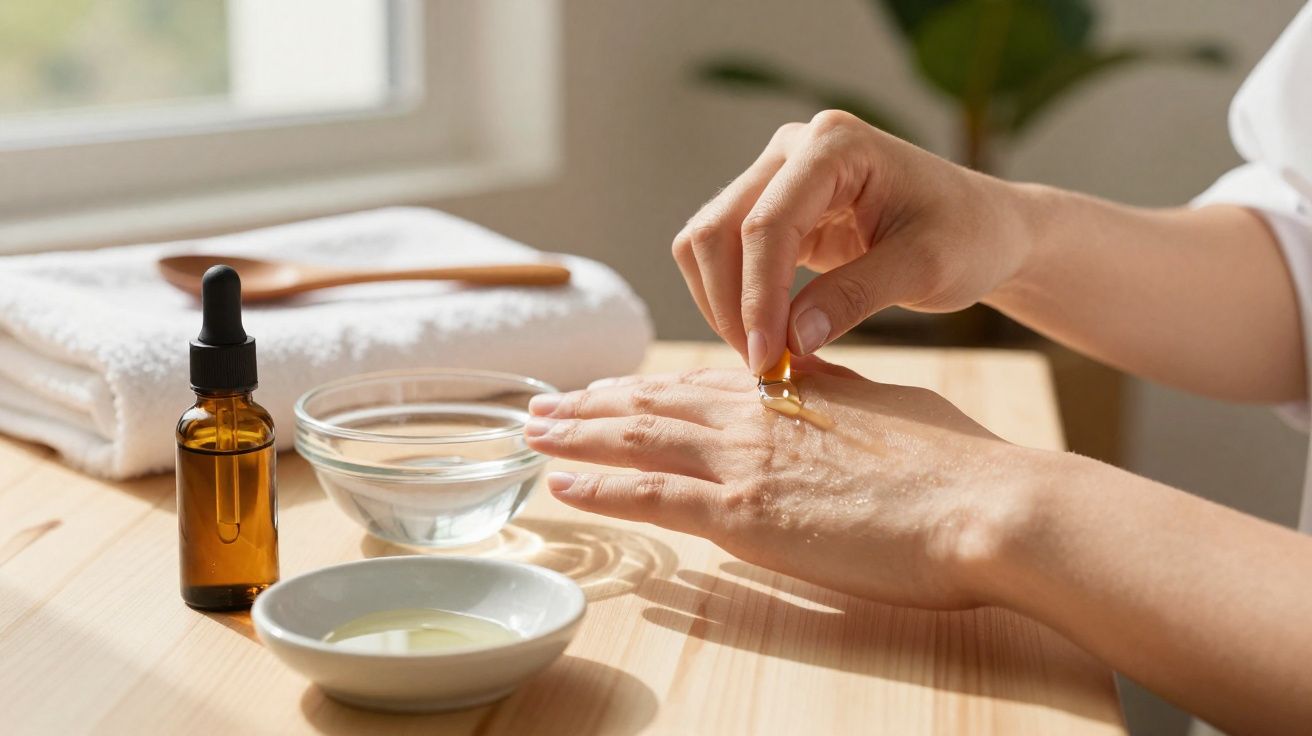 Personne appliquant une huile de soin sur la main avec une pipette, flacons et serviette sur une table en bois.