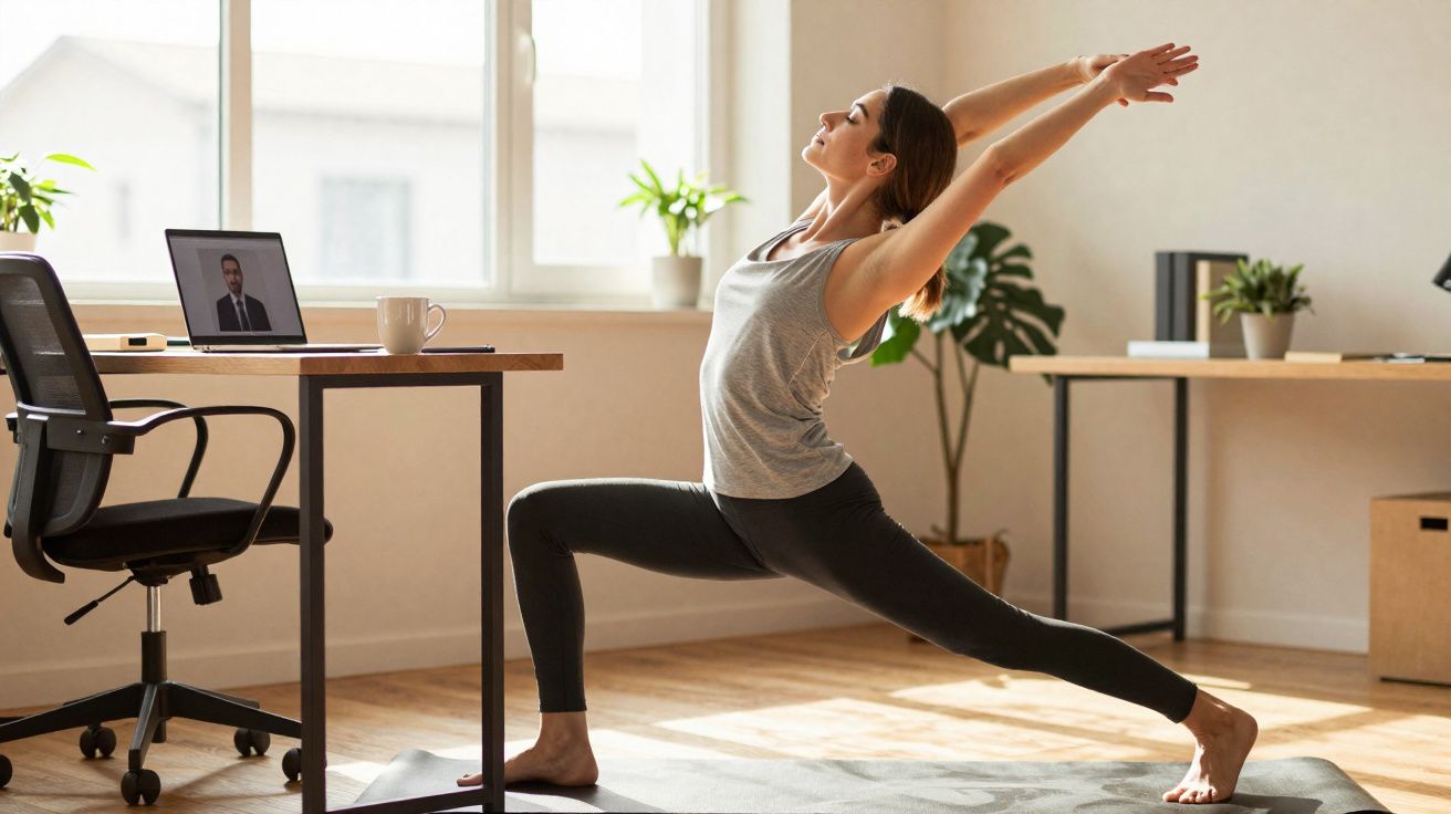 Femme en tenue de sport faisant une posture de yoga devant un ordinateur dans un bureau lumineux.