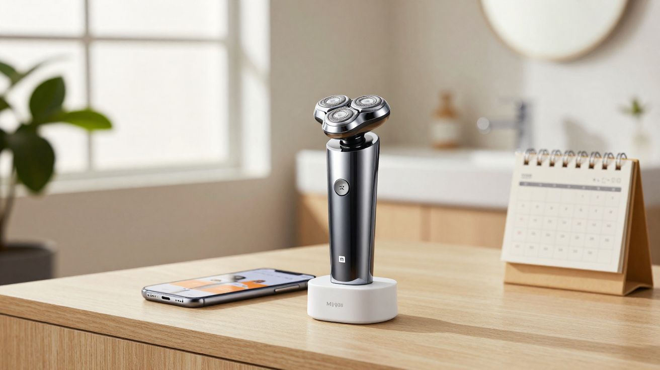 Rasoir électrique moderne sur son socle blanc posé sur une table en bois, avec un smartphone et un calendrier en arrière-plan