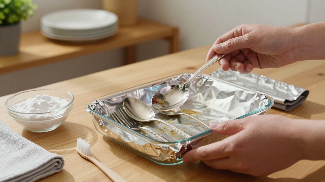 Personne nettoyant des couverts avec du bicarbonate de soude dans un plat en verre recouvert de papier aluminium.