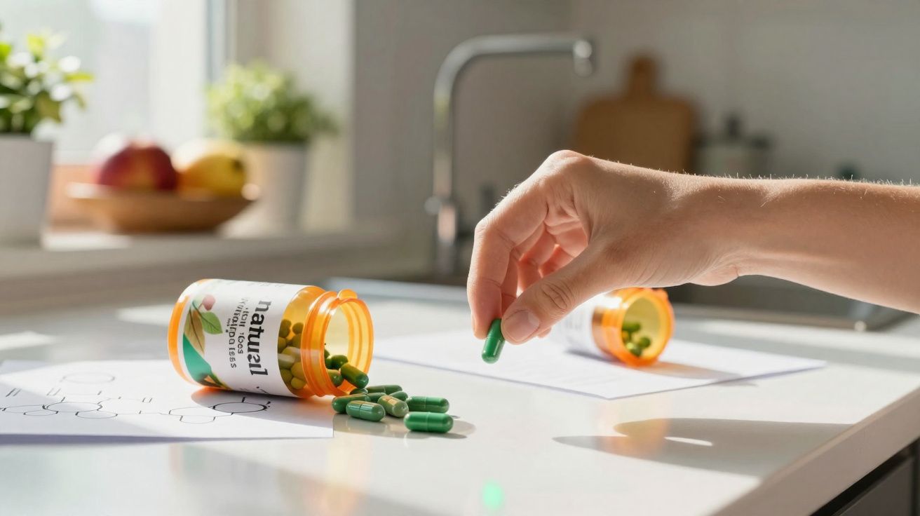 Main prenant une gélule verte près de bouteilles de compléments alimentaires renversées sur une table blanche.
