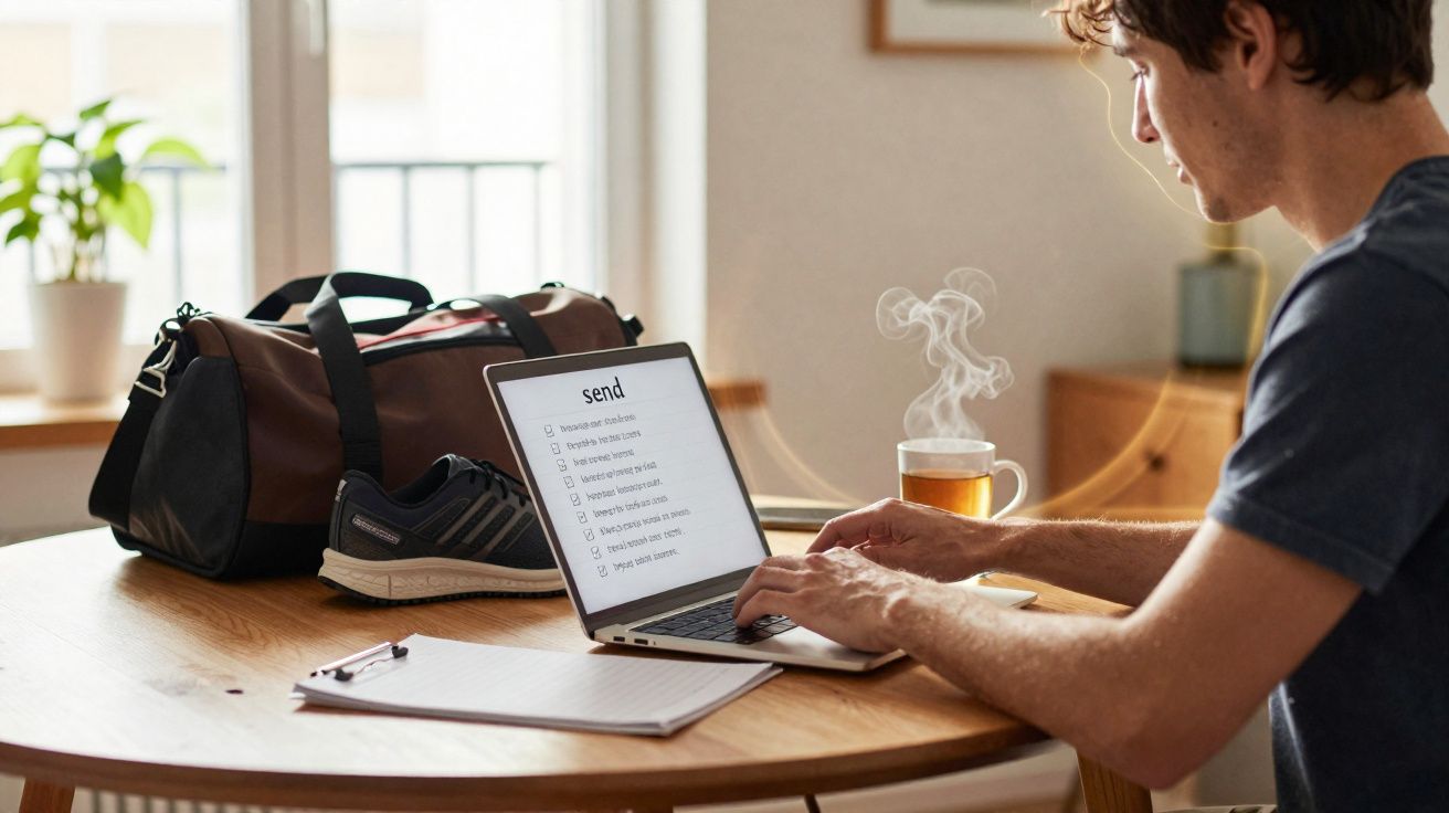 Jeune homme assis à une table tapant sur un ordinateur portable avec une liste, sac de sport et tasse de thé fumant.