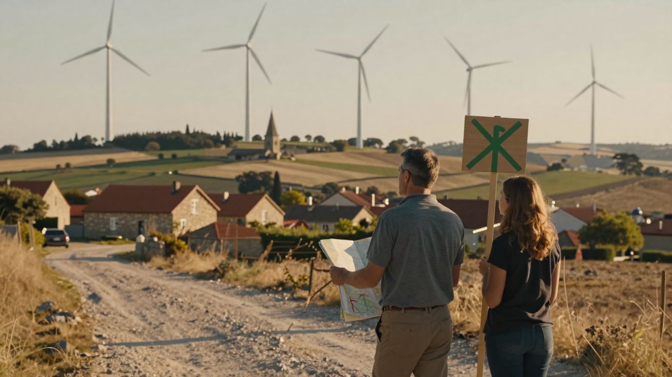 Deux personnes regardent un village rural avec des éoliennes au loin par une journée ensoleillée.
