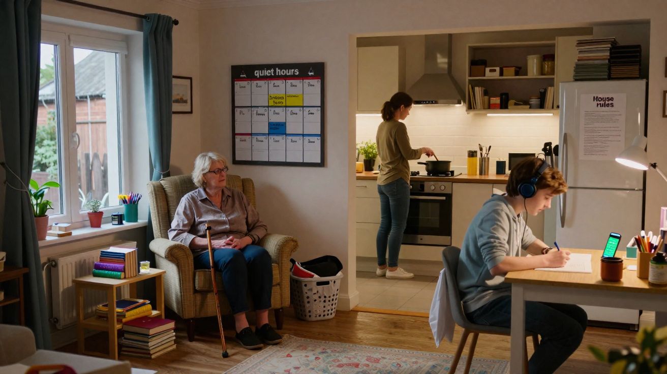Une femme cuisine, un adolescent fait ses devoirs au bureau, et une personne âgée est assise dans un fauteuil.