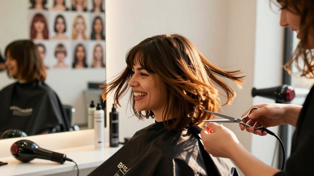 Femme souriante en train de se faire couper les cheveux dans un salon de coiffure lumineux.