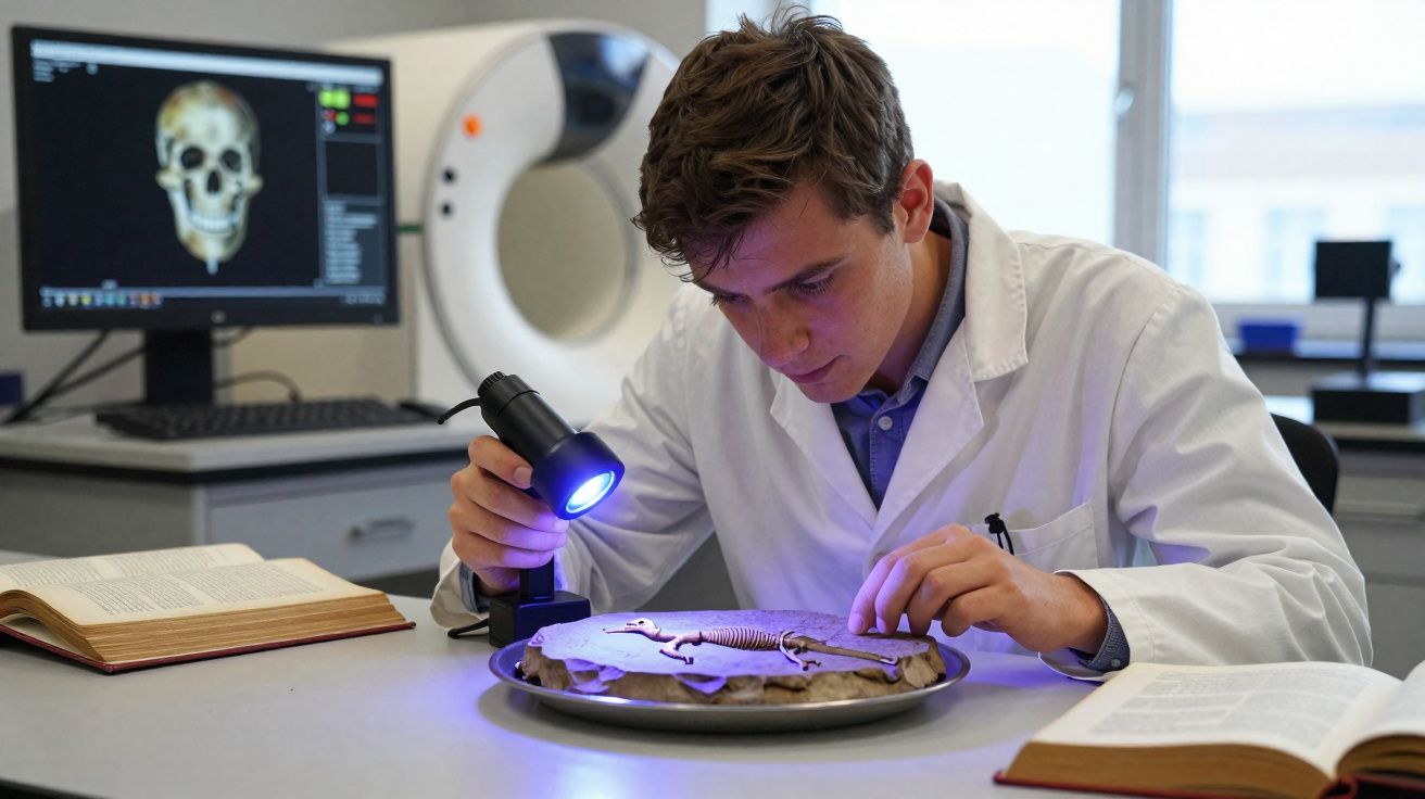 Jeune scientifique en blouse blanche examine un fossile de lézard avec lampe UV dans un laboratoire.