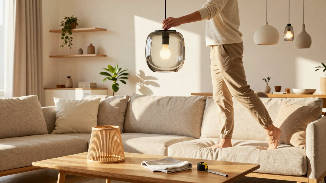 Personne ajustant une suspension lumineuse dans un salon lumineux et moderne avec canapé beige et table en bois.