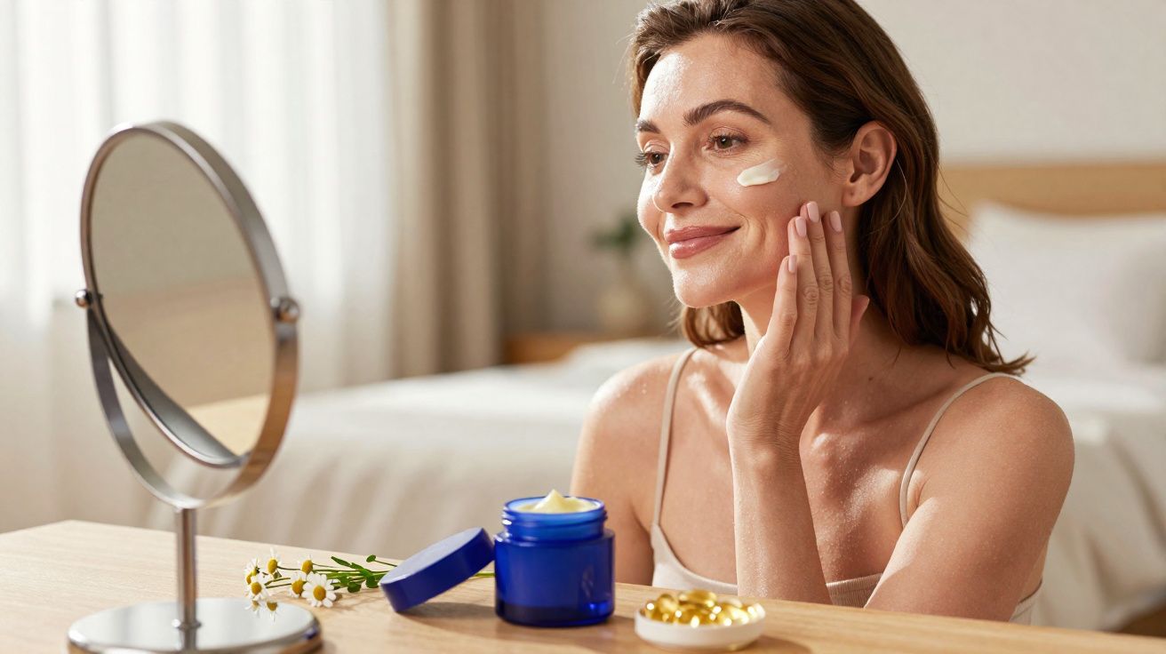 Femme appliquant une crème hydratante sur le visage devant un miroir dans une chambre lumineuse.