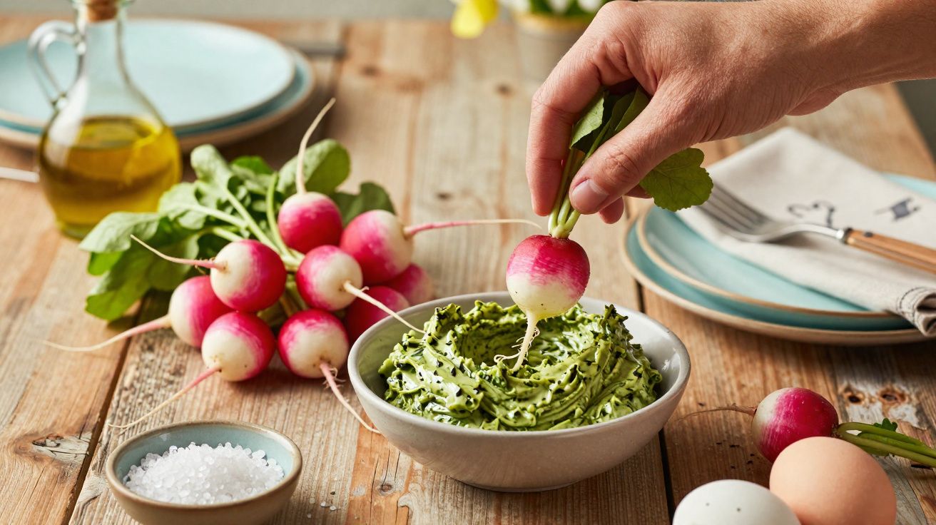 Main tenant un radis trempé dans une crème verte avec un bol de radis, sel et œufs sur une table en bois.