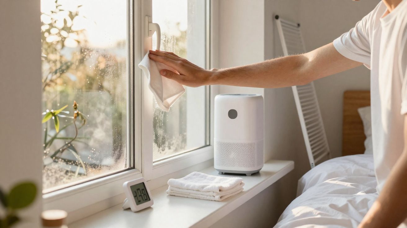 Personne essuyant une fenêtre dans une chambre lumineuse avec un purificateur d'air sur le rebord de la fenêtre.