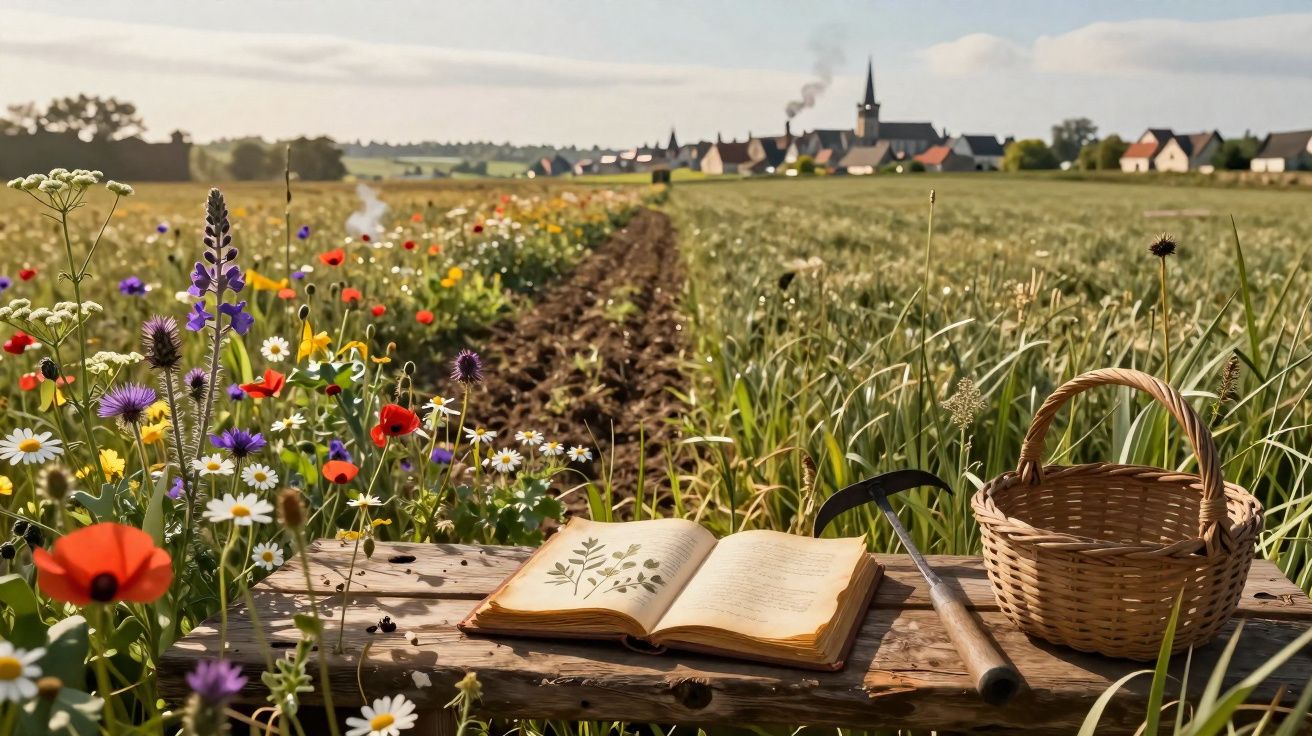 Livre ouvert avec plantes, panier et outil posés sur une table en bois au bord d’un champ fleuri, village au loin.