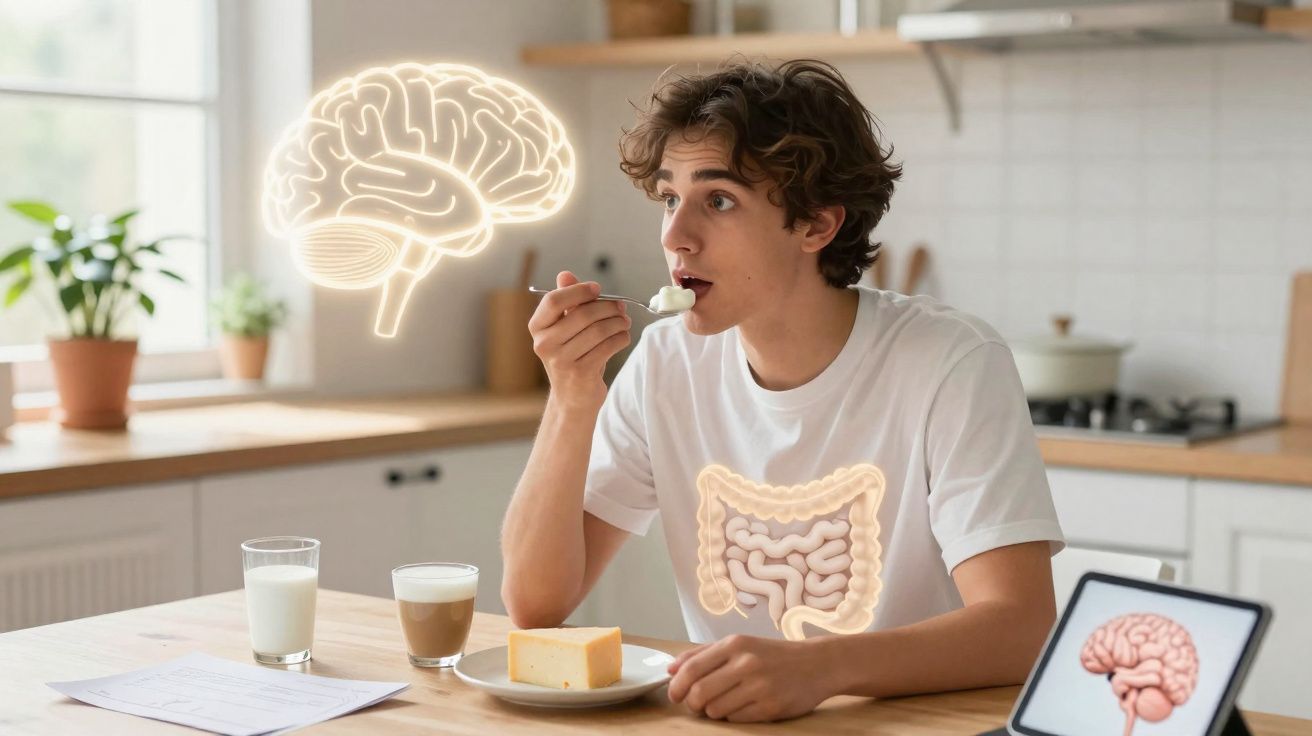Jeune homme mangeant du yaourt, avec illustrations lumineuses du cerveau et des intestins, dans une cuisine moderne.
