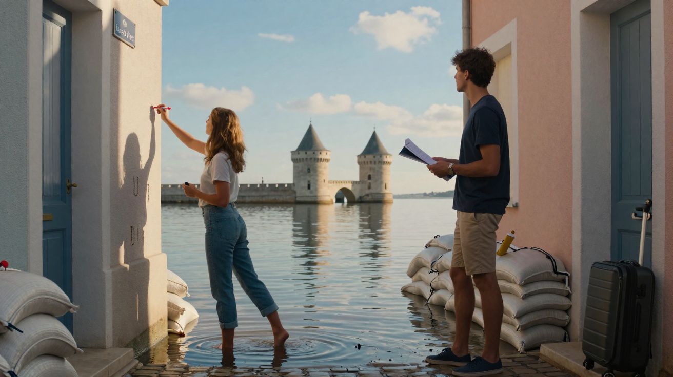 Deux jeunes regardent une inondation dans une allée, avec un château d'eau en arrière-plan.