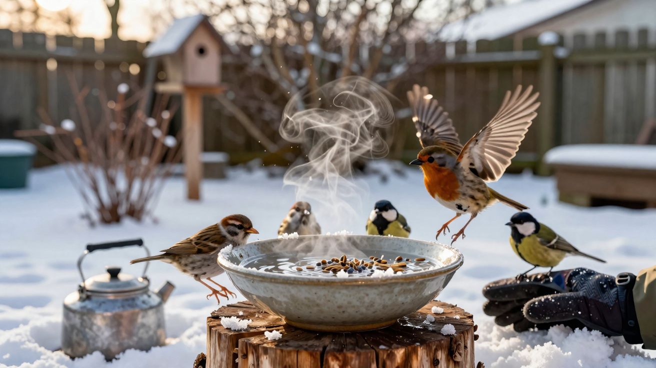 Oiseaux variés autour d'une bassine fumante remplie de graines sur un tronc enneigé avec une main gantée.