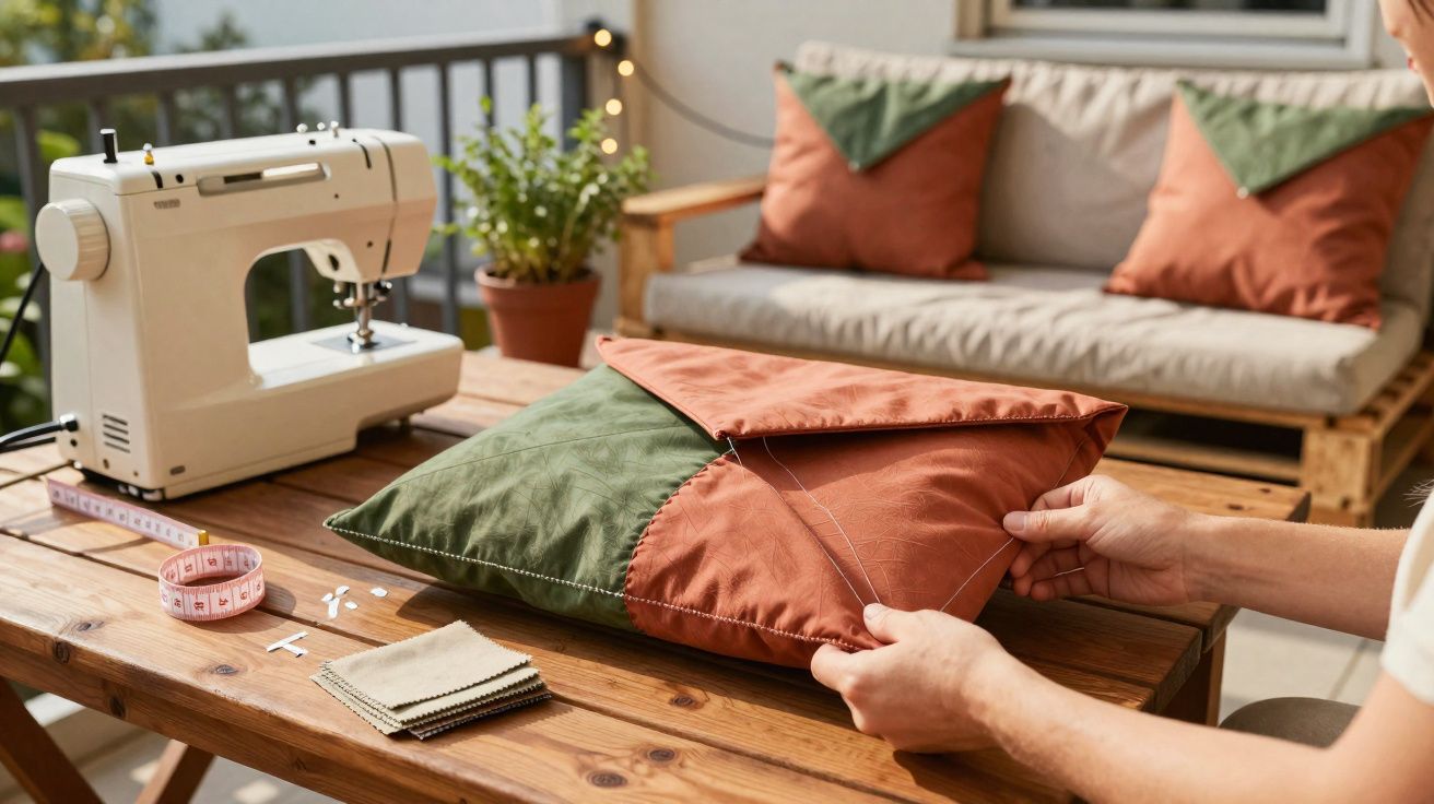 Personne cousant une housse de coussin bicolore sur une table en bois avec machine à coudre.