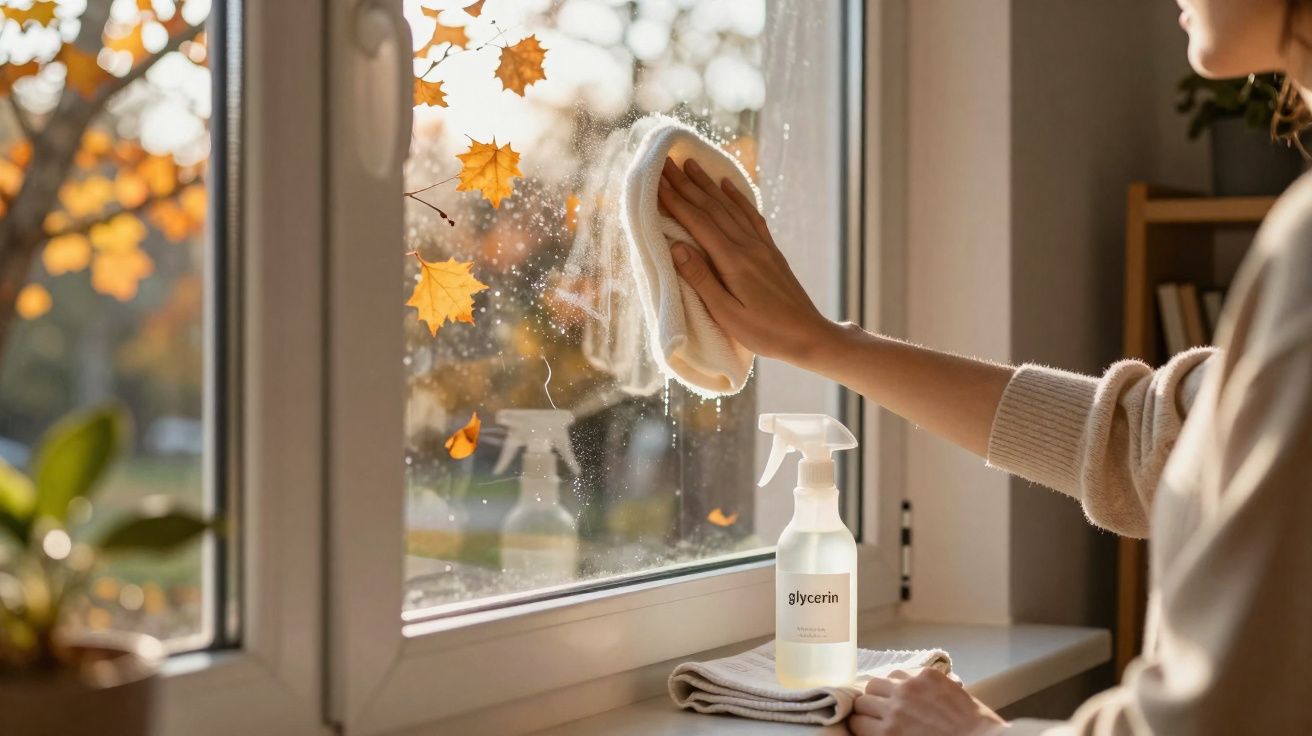 Main féminine essuyant une vitre avec un chiffon, flacon de glycérine posé sur le rebord, décor automnal.