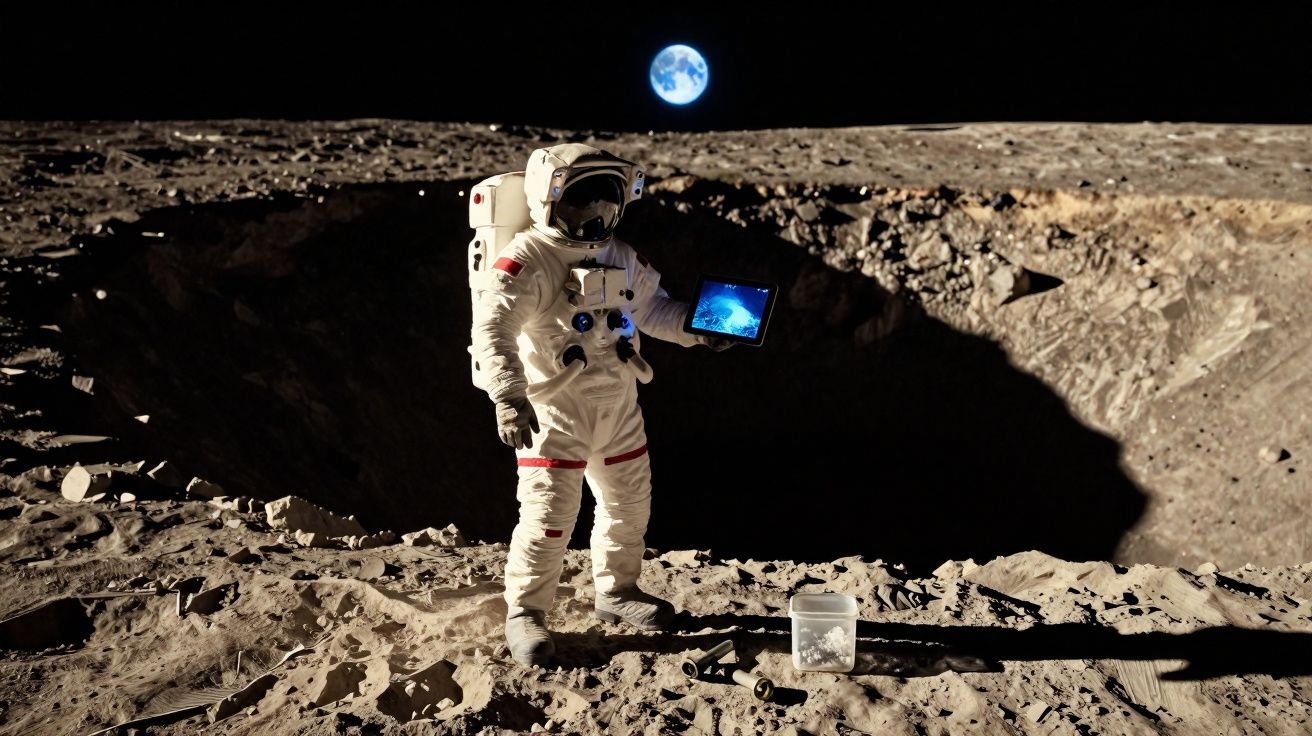 Astronaute debout sur la Lune tenant une tablette, avec la Terre visible dans le ciel étoilé.
