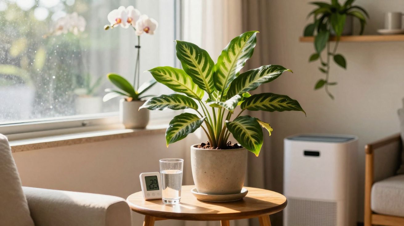 Plante verte en pot sur une table ronde en bois près d'une fenêtre avec un verre d'eau et un thermomètre digital.