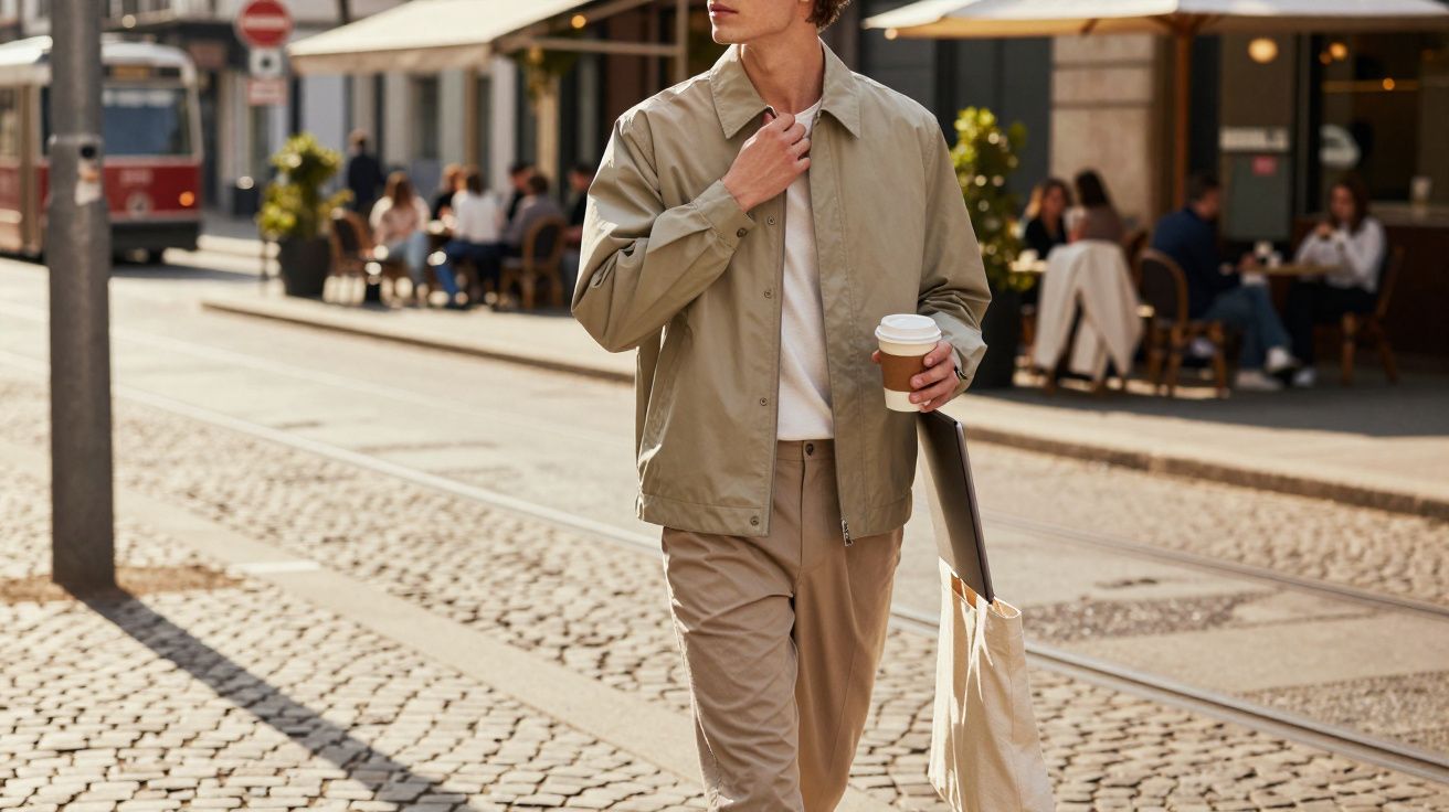 Homme en tenue beige marchant en ville avec un café à emporter et un sac en tissu, terrasse de café en arrière-plan.