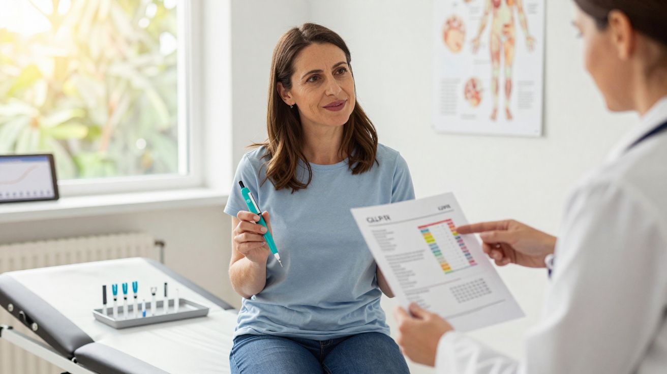 Une patiente en consultation médicale discute de ses analyses avec un médecin dans un cabinet lumineux.