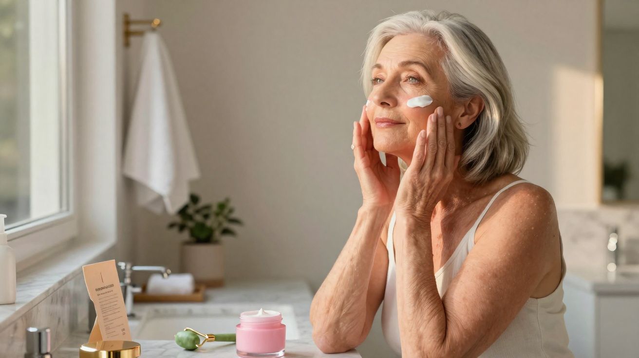 Femme âgée appliquant une crème hydratante sur son visage dans une salle de bain lumineuse.