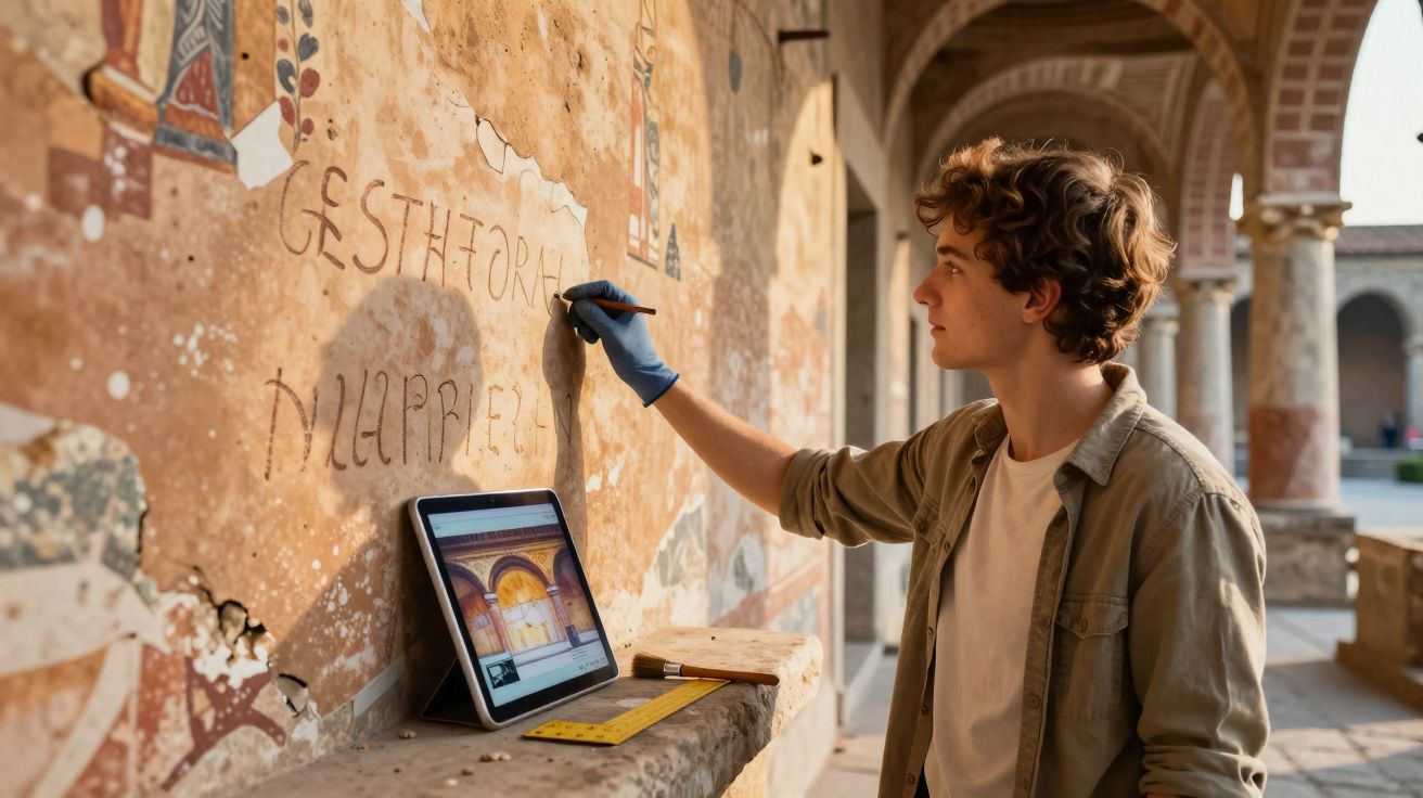Jeune homme restaurateur en gants bleus travaillant sur une peinture murale ancienne dans un cloître historique.