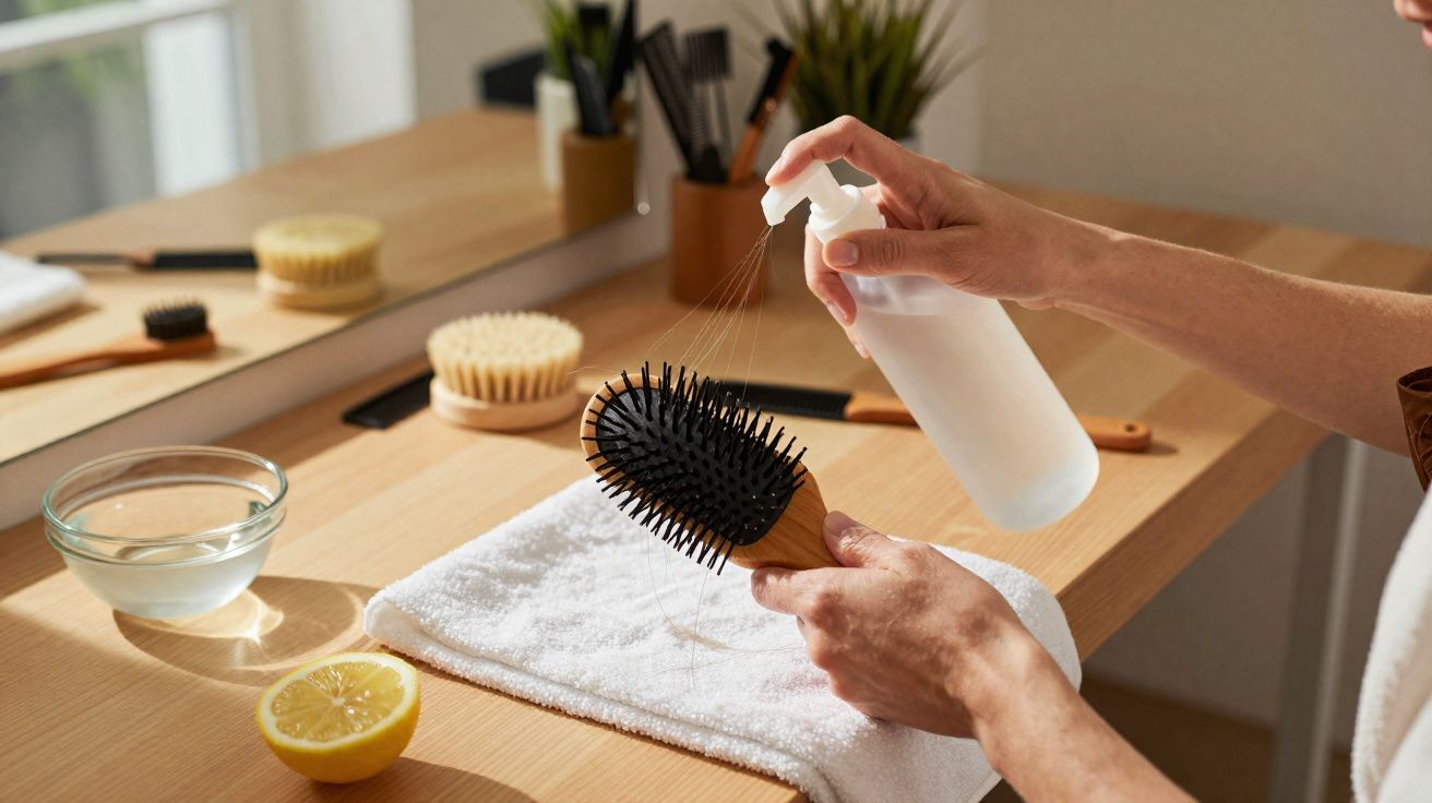 Personne pulvérisant un spray sur une brosse à cheveux dans une salle de bain avec une serviette blanche.