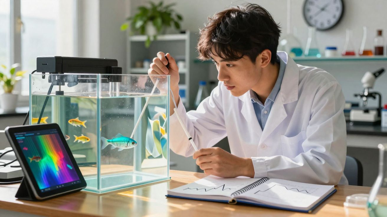 Chercheur en blouse blanche analysant des poissons dans un aquarium avec tablette et carnet en laboratoire moderne.