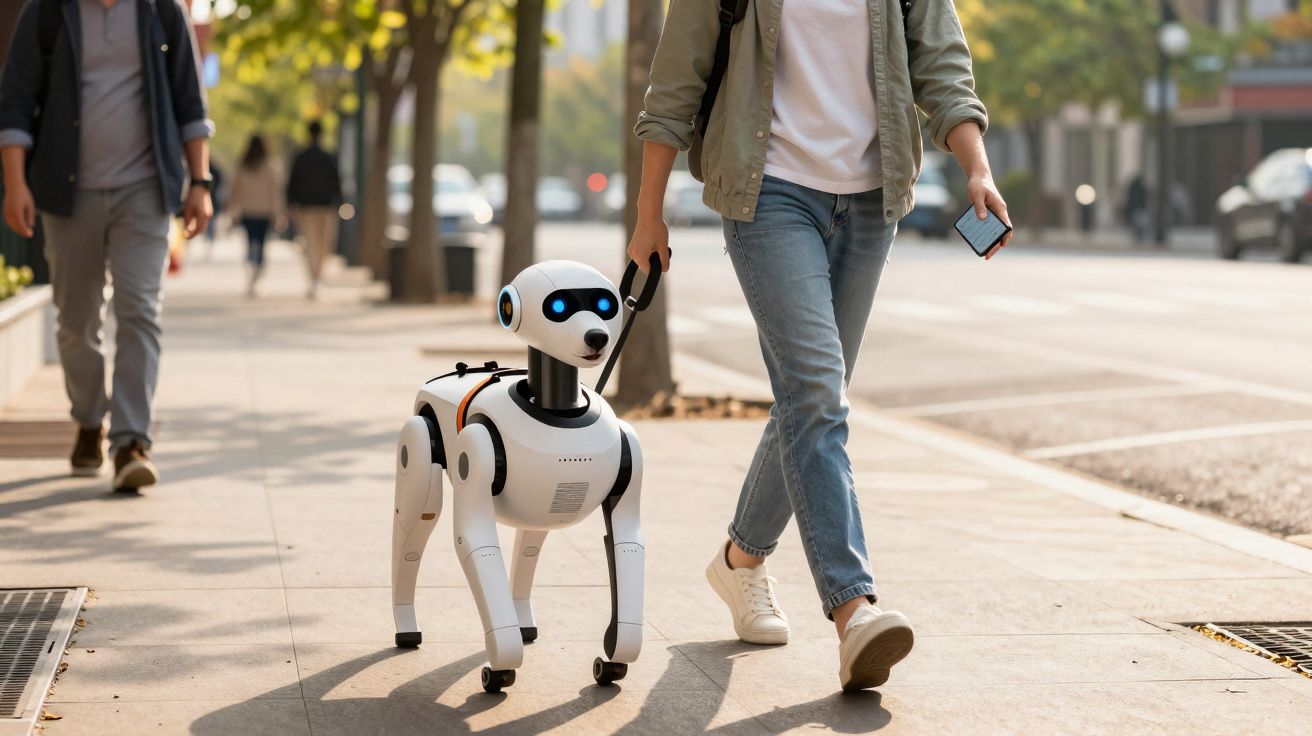 Personne marchant en ville avec un chien robot blanc à quatre pattes sur trottoir ensoleillé.