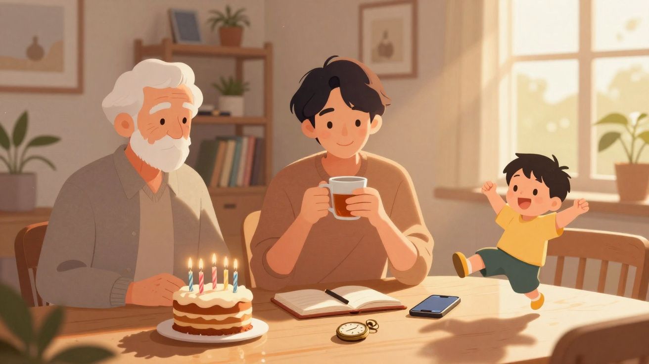 Un grand-père, un père et un enfant fêtent un anniversaire avec un gâteau et des bougies à une table lumineuse.