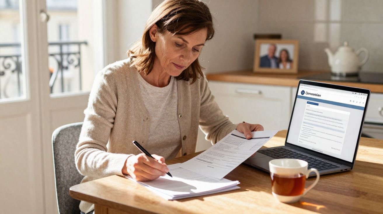 Femme travaillant à une table en bois avec documents, ordinateur portable et tasse de thé dans une cuisine lumineuse.