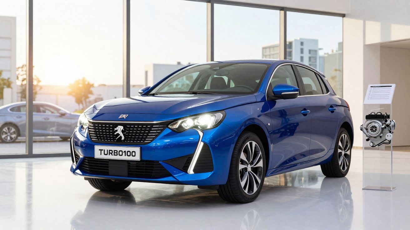 Voiture Peugeot bleue Turbo 100 exposée en intérieur avec moteur sur socle à côté.