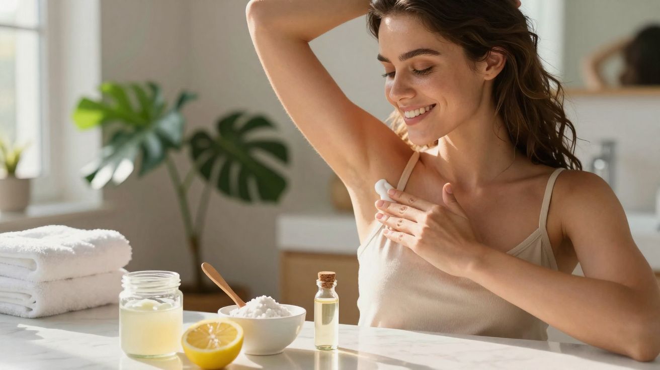 Femme souriante appliquant du déodorant naturel à la maison avec citron, huile et bicarbonate sur la table.