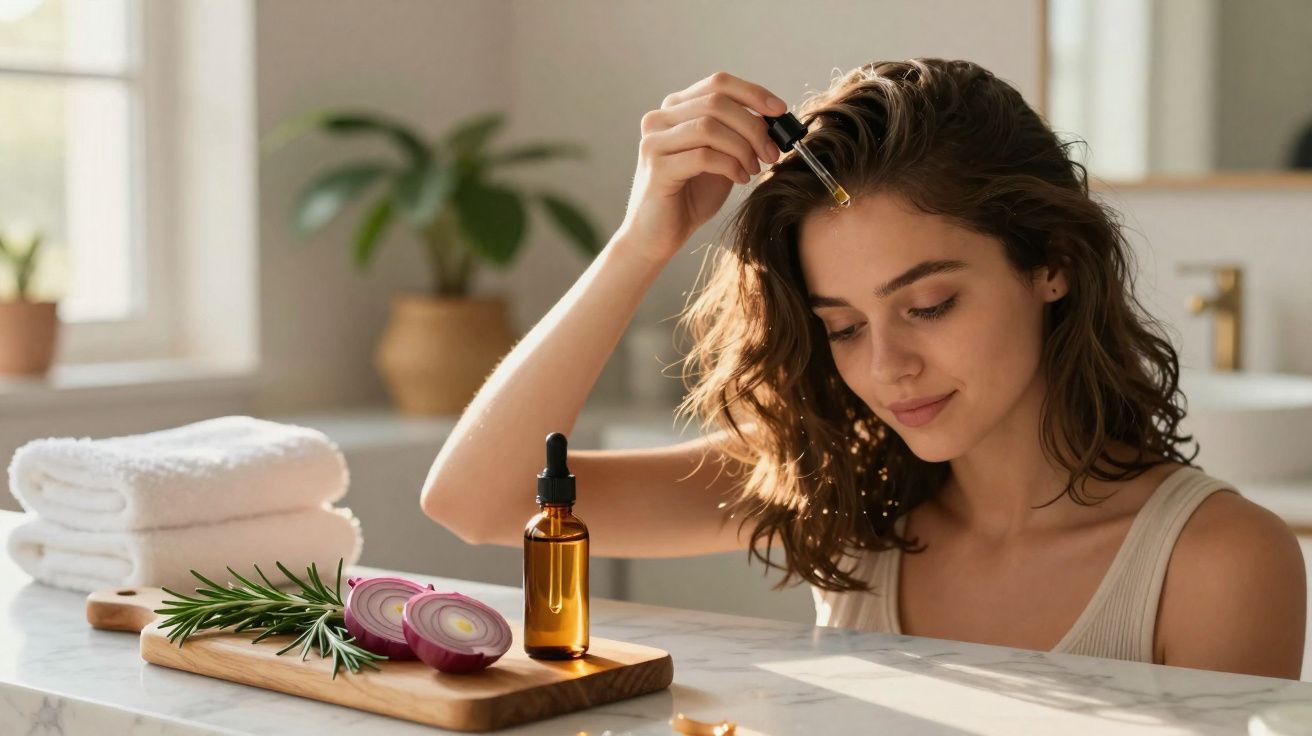 Jeune femme appliquant de l'huile capillaire avec une pipette, sur une table avec oignon, romarin et serviettes.