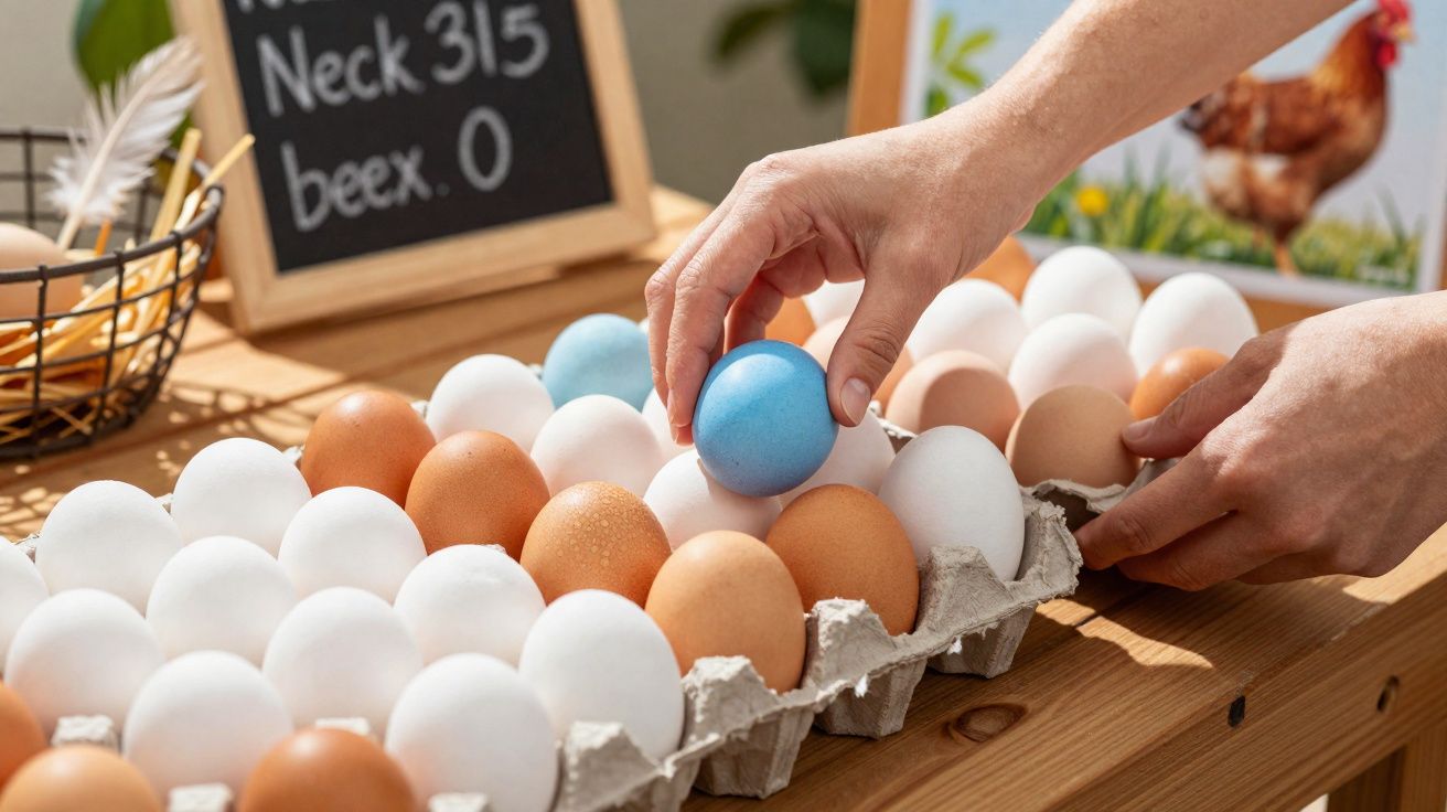 Une personne choisit un œuf bleu parmi des œufs blancs et bruns sur un présentoir en bois.