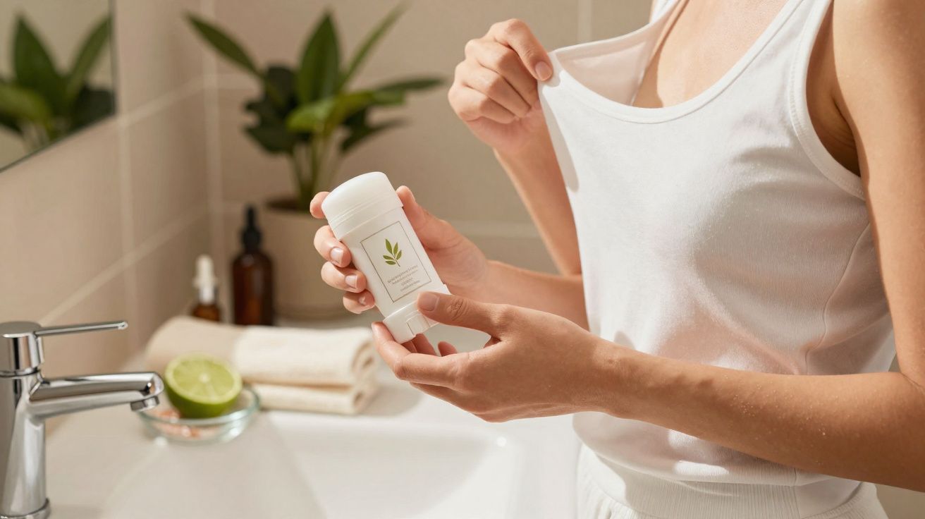 Personne tenant un déodorant naturel en joignant un débardeur blanc près d'un lavabo avec des plantes.