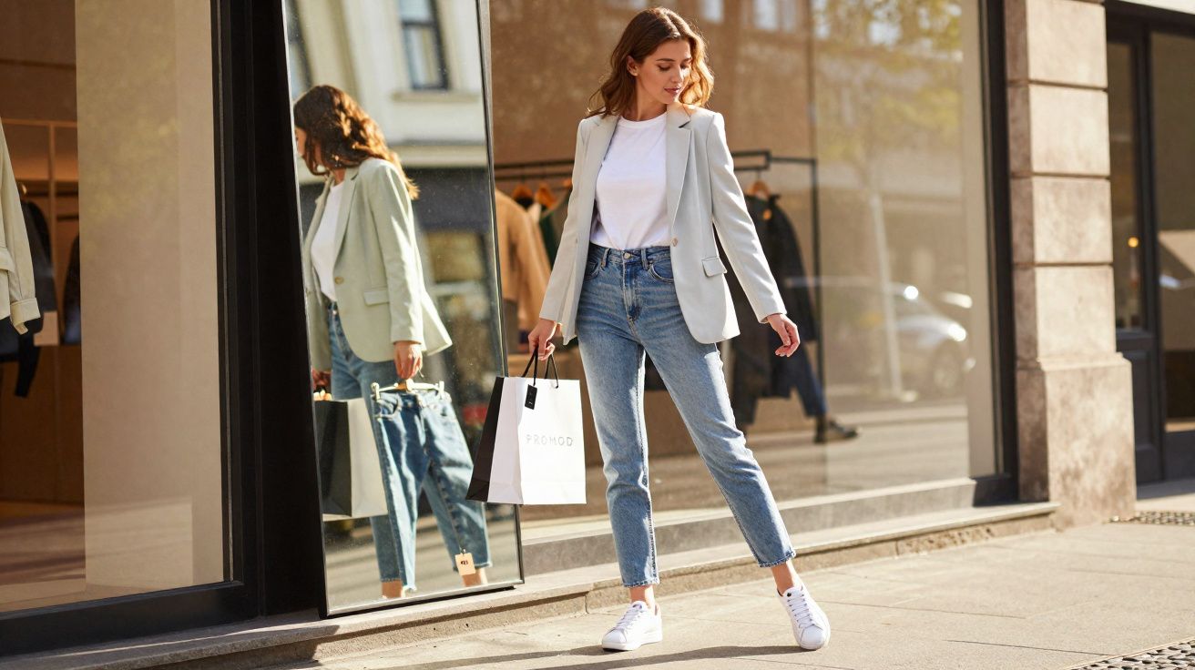 Jeune femme vêtue d’un blazer, jean et baskets, portant un sac de shopping devant une vitrine.