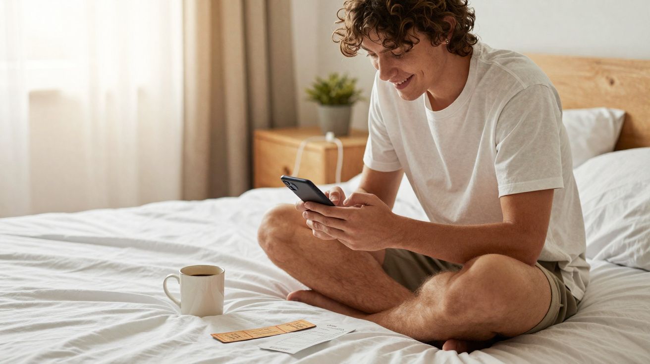 Jeune homme assis sur un lit, utilisant son téléphone, avec une tasse et une lettre à côté de lui.