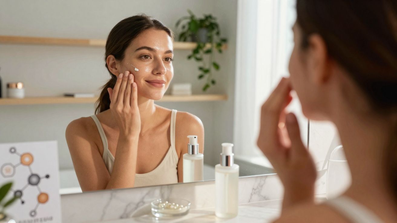Jeune femme appliquant de la crème hydratante sur son visage devant un miroir dans une salle de bain lumineuse.